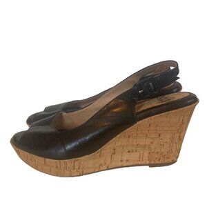Sofft Black Leather Wedge Sandals Womens 7.5 Peep Toe Cork Heel Adjustable Strap